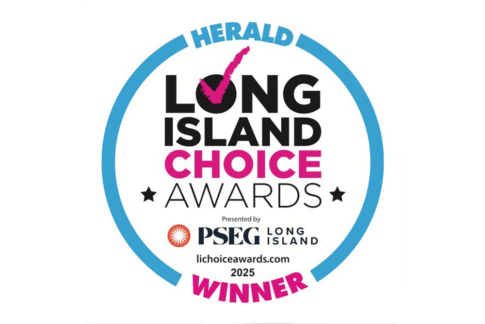 A circular badge reads Herald Long Island Choice Awards Winner with PSEG Long Island and 2025 at the bottom. The design features pink and black text, stars, and a checkmark over Long Islands shape.