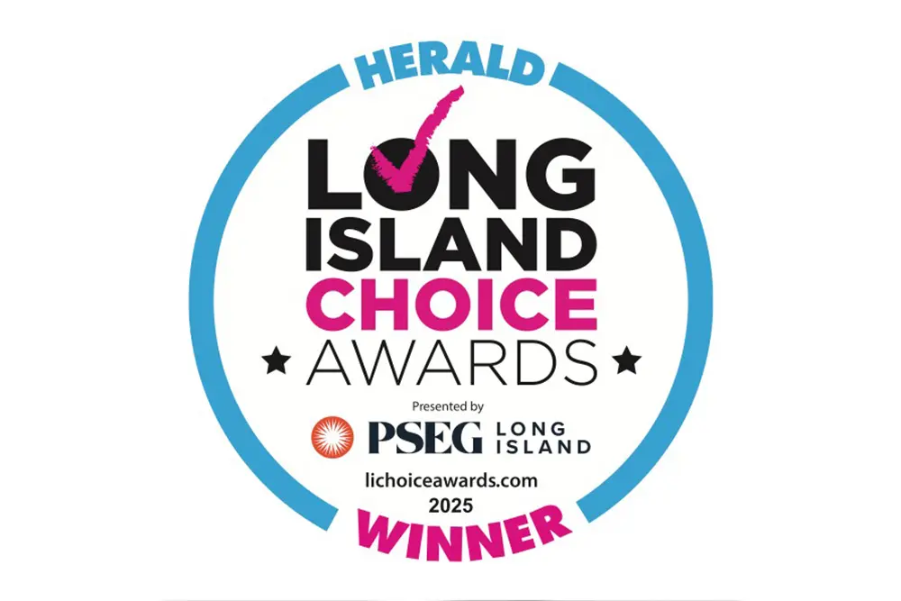 A circular badge reads Herald Long Island Choice Awards Winner with PSEG Long Island and 2025 at the bottom. The design features pink and black text, stars, and a checkmark over Long Islands shape.